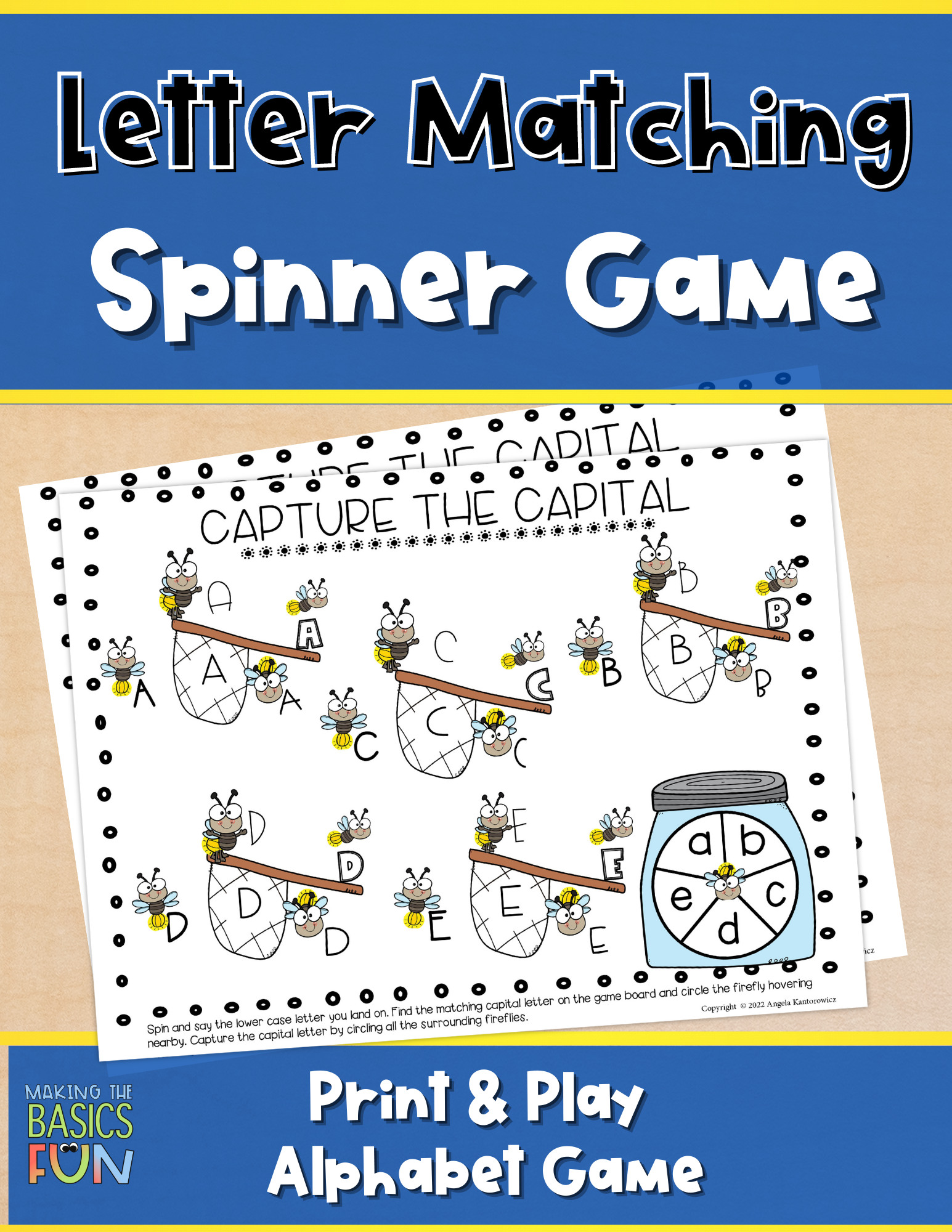 Letter Matching spinner game with fireflies and nets. 