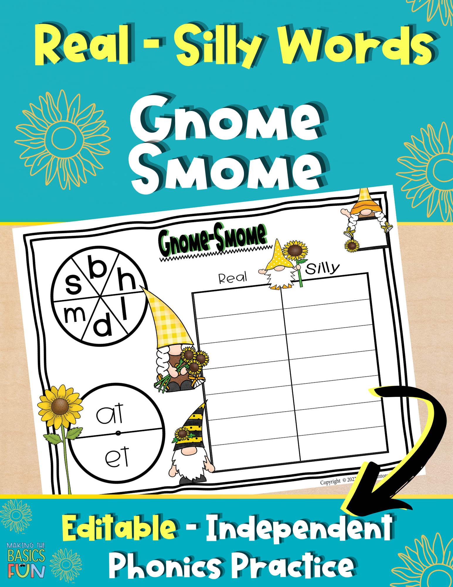 Two editable spinners with gnomes surrounding a Real & Silly Word fill in the blank game board.